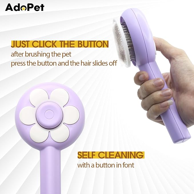 Self-Cleaning Pet Grooming Brush Soft Silicone Bristles, Flower Design for Cats and Dogs – Easy to Use & Gentle Care (Purple)