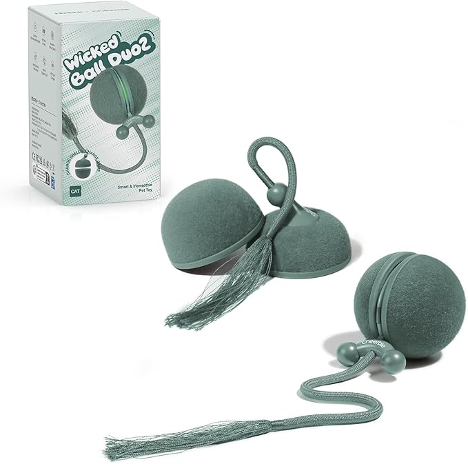 2 in 1 Interactive Cat Toys for Indoor Cats - Wicked Ball Duo2 Automatic Cat Toy, Rolling Ball & Spinning Top, Electric Cat Toy Balls with Chirping Sounds & Speedy Tail, Moving Kitten Toys