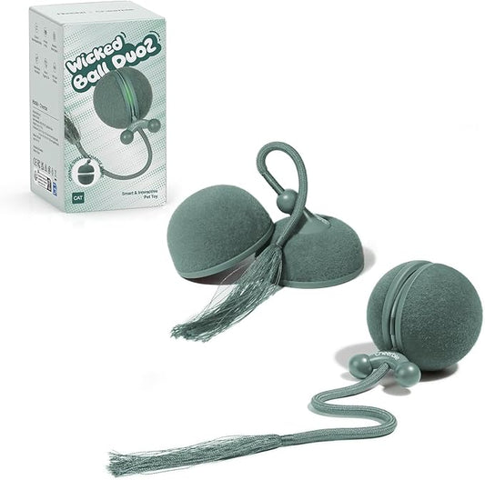 2 in 1 Interactive Cat Toys for Indoor Cats - Wicked Ball Duo2 Automatic Cat Toy, Rolling Ball & Spinning Top, Electric Cat Toy Balls with Chirping Sounds & Speedy Tail, Moving Kitten Toys