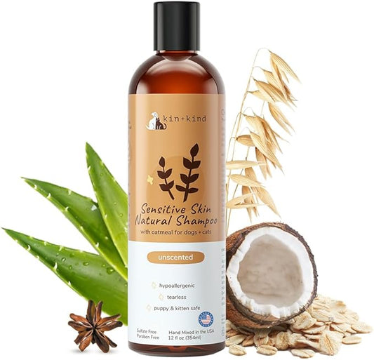 kin+kind Oatmeal Shampoo for Dogs & Cats – Natural Anti Itch Pet Shampoo for Sensitive Skin with Colloidal Oatmeal, Coconut Oil & Olive Oil – Moisturizing Oatmeal Bath for Dry, Itchy Skin – 12 fl oz