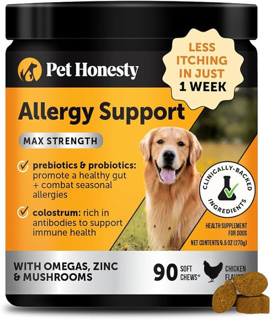 Dog Allergy + Itch Relief Max Strength Chews – Probiotic Supplement for Dogs with Colostrum, Omega Fatty Acids – Supports Seasonal Allergy Relief, Healthy Skin, Coat & Immune System (Chicken, 90ct)