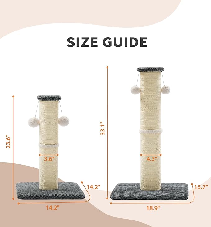 Made4Pets Tall Cat Scratching Post, 33" Natural Sisal Cat Scratcher with Hanging Balls, Heavy Duty and Thicker Scratching Post for Indoor Cats Adults, Sturdy Base Cat Scratch Post, Dark Grey