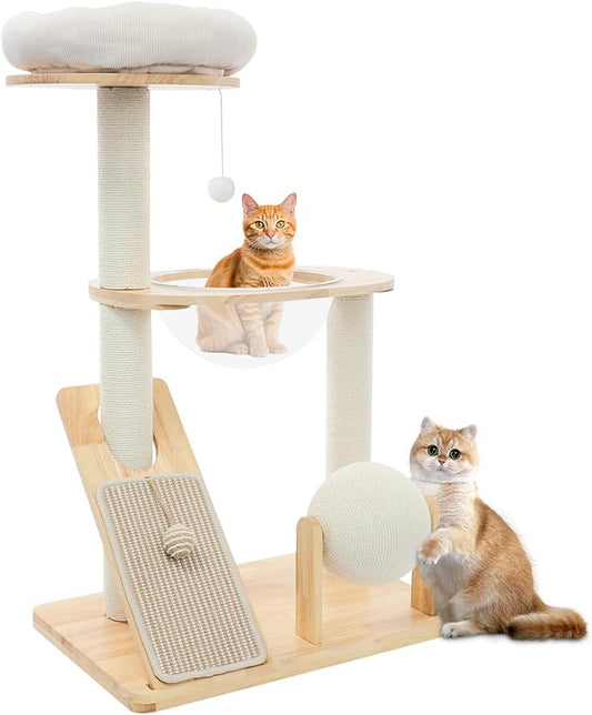 Wood Cat Tree Tower with Scratching Posts, Modern Natural Wood Cute Multifunctional Cat Tree Tower, Cat Scratcher & Resting Platform, Multifunctional Cat Tree for Indoor Cats (02 Style)