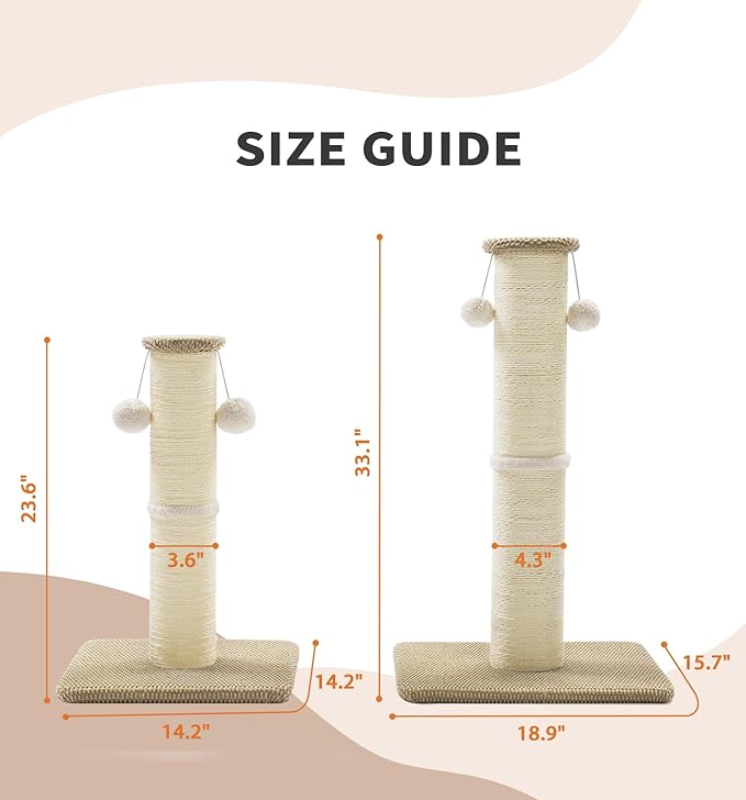 Made4Pets Tall Cat Scratching Post, 33" Natural Sisal Cat Scratcher with Hanging Balls, Heavy Duty and Thicker Scratching Post for Indoor Cats Adults, Sturdy Base Cat Scratch Post, Beige