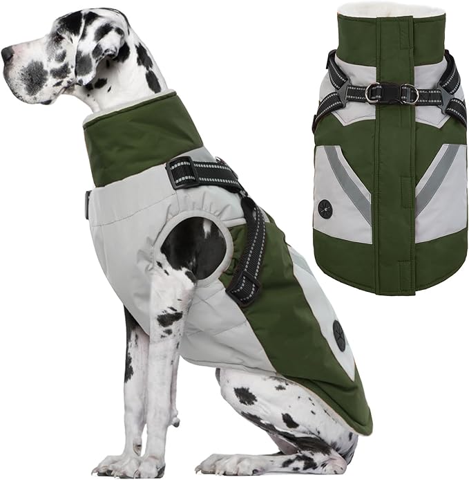 IECOii Large Dog Coat with Harness Built in,Reflective Waterproof Dog Coat for Giant Breeds - Zip Up Fleece Jacket for Dogs,Great Dane Winter Coats Warm Snowsuit for Cold Weather, Green, 4XL