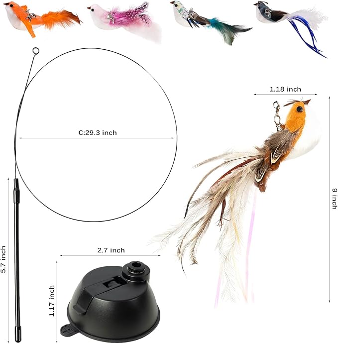 Cat Wand Toys, Interactive Bird Simulation Cat Toy for Indoor Cats,Teaser Wand Self-Holding Suction Cups Base with 5pcs Detachable Replacements Feathers Toys