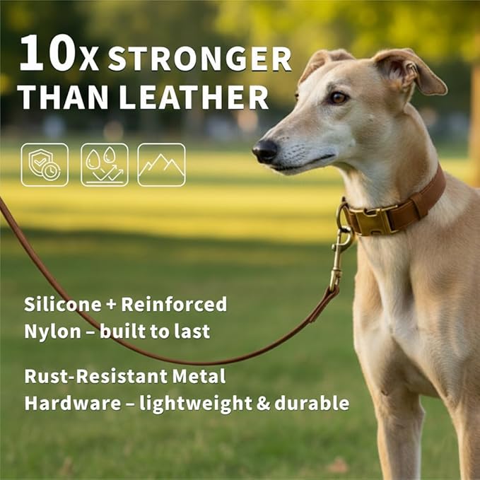 Silicone Dog Collar and Leash Set, Waterproof & Odor-Proof Puppy Collar for Small Dogs, Soft Flexible Leather-Look Dog Collars, Durable Thick Adjustable Pet Collar (Brown, Small (9-14" Neck))