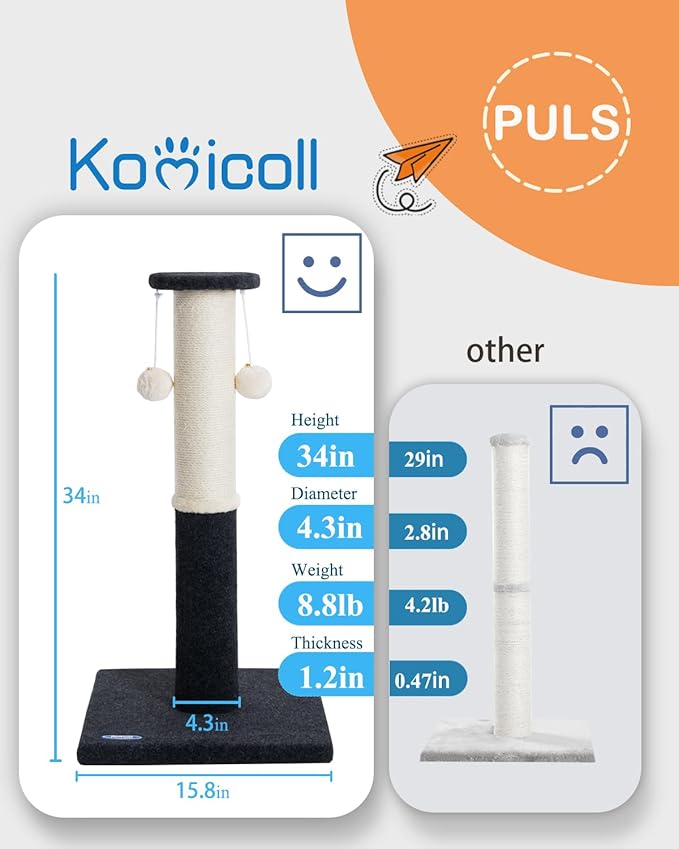 34-Inch Tall Cat Scratching Post for Indoor Cats, Large Carpet Scratch Post, Sisal Cat Scratcher, Sturdy and Durable Cat Post with Hanging Ball Black