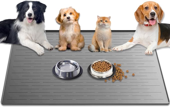 1.5MM Super Thick Dog Food Mat, 48"x32" Silicone Dog and Cat Mats for Food and Water Bowls, Waterproof Pet Feeding Mat for Contain Spills Protects Floors, Multiple Colors & Sizes for Pets, Light Gray
