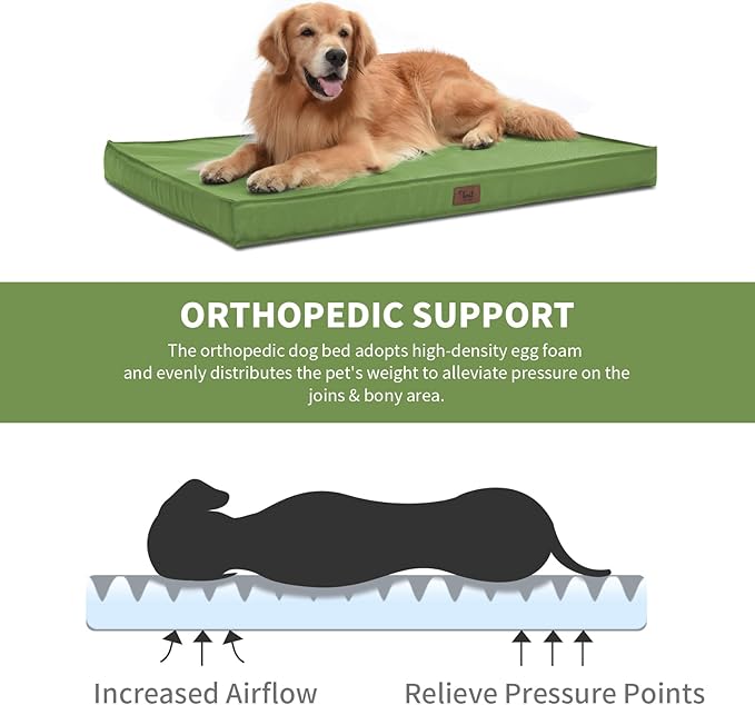 Outdoor Orthopedic Dog Bed for Medium Dogs & Cats, Waterproof Flat Pet Mat with Egg Crate Foam & Washable Removable Oxford Cover, 30x20 Inch, Light Green