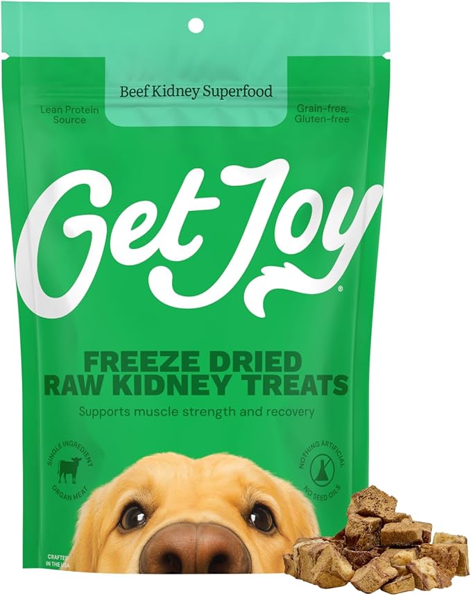 Get Joy Freeze Dried 100% Beef Kidney Dog Treats, 4oz | Single Ingredient Organ Meat, High Protein Raw Dog Food Topper, Snack & Training Rewards | Grain Free, Gluten Free, Filler Free