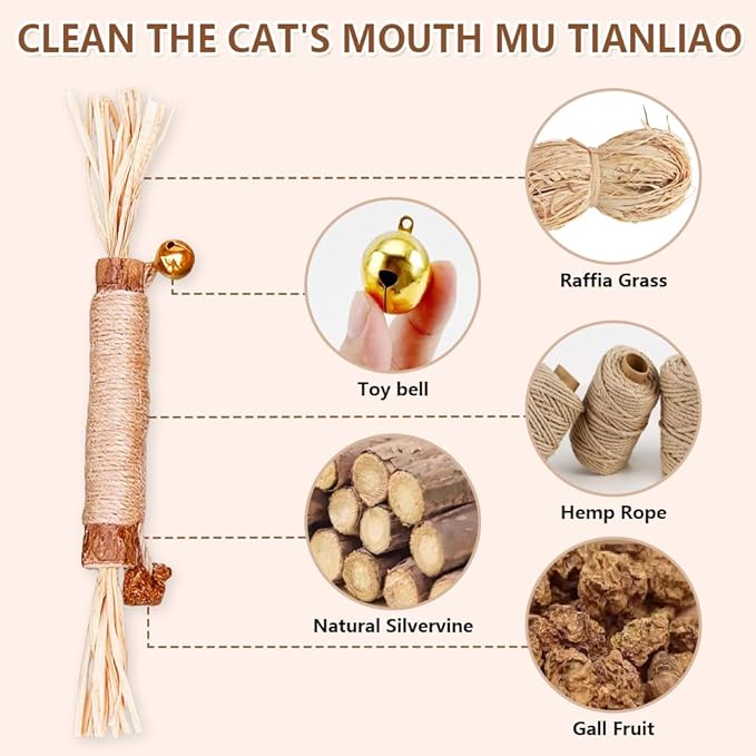 Natural Dried Matatabi Cat Chew Stick with Gall Fruit, Raffia Grass & Bell Cat Ball Toys, Handmade Silvervine Sticks Interactive Catnip Toy for Teething & Entertainment (Size M Color A)