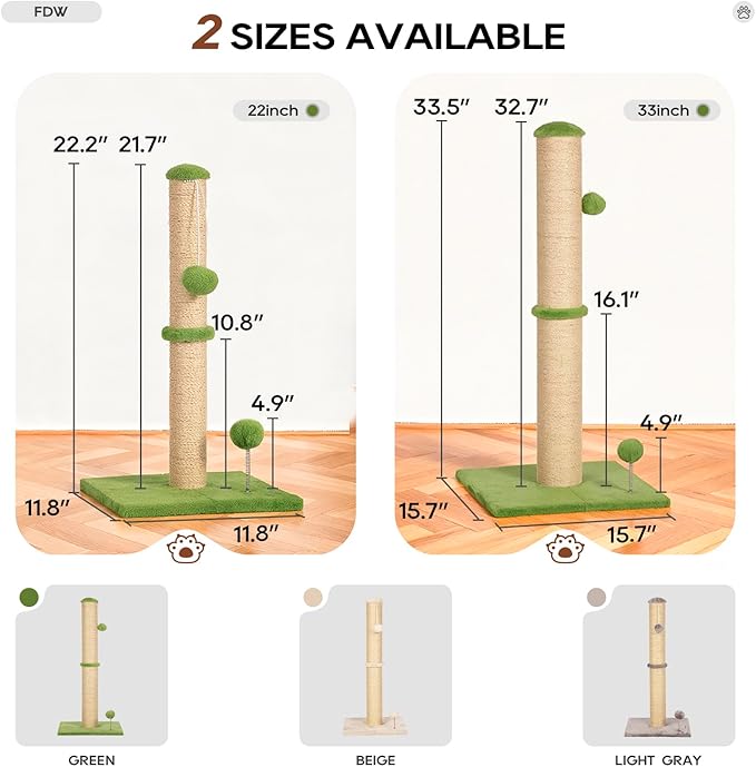 FDW 33 Inch Cat Scratching Post Cat Scratcher Natural Sisal Rope Scratch Post Trees with Hanging Ball for Indoor Cats and Adults,Green