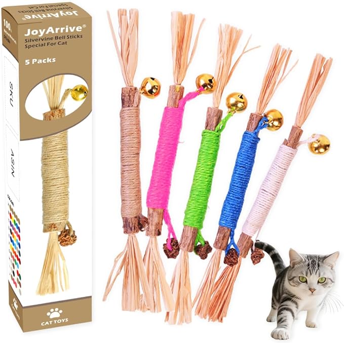 Natural Dried Matatabi Cat Chew Stick with Gall Fruit, Raffia Grass & Bell Cat Ball Toys, Handmade Silvervine Sticks Interactive Catnip Toys for Teething & Entertainment (Size M Color G)