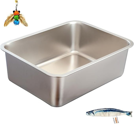 Stainless Steel Cat Litter Box Set, Includes Catnip Fish Toy & Wand Feather Toy Refill, Easy to Clean, Pet Toilet Supplies for Kitten, Kitty, Rabbit, Metal Litter Pan for Kittens and Adult Cats
