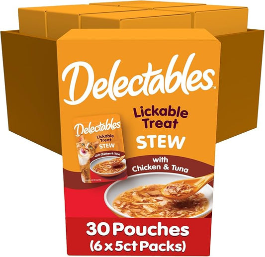 Delectables Lickable Treat Stew Chicken & Tuna, Food Topper, Hydrating, Grain-Free, No Fillers, No by-Products, No Added Preservatives, 1.4oz Pouch, 30 Count