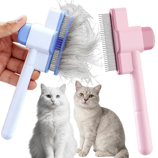 Pet Comb-2 Pack,Flea Comb for Cats&Dogs Cleaning Removal Comb Pet Hair Gentle with Release Button,Kittens Pet Comb to Groom Hair and Knots (Pink & Blue)