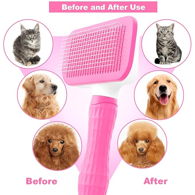 Generic Pink Cat grooming brush, Pet hair brush with Massage Particles, Self Cleaning Dematting Comb for Dogs and Cats, Easy to Use, Ergonomic Handle Design
