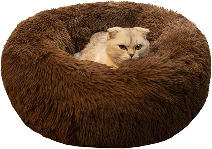 BODISEINT Modern Soft Plush Round Pet Bed for Cats or Small Dogs, Mini Medium Sized Dog Cat Bed Self Warming Autumn Winter Indoor Snooze Sleeping Cozy Kitty Teddy Kennel (24'' D x 8'' H, Chocolate)