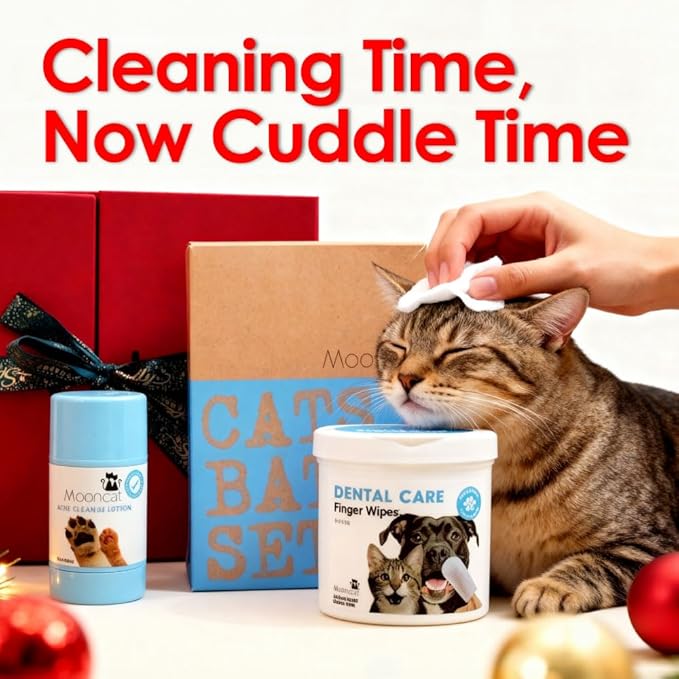 Mooncat Waterless Shampoo, Paw Balm & Dental Wipes – Cat Grooming Kit – Best Stocking Stuffers for Women, Mom & Pet Lovers – Christmas Set