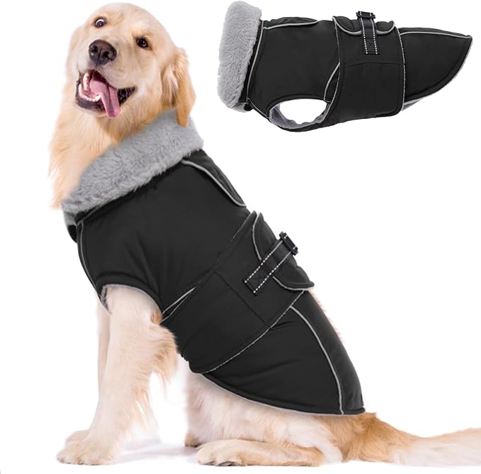 Lelepet Warm Dog Coats for Large Dogs Waterproof Dog Jacket Reflective Pet Fleece Vest Windproof Cold Weather Coats with Adjustable Buckle & Leash Hole, Black, XL