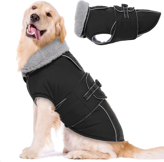 Lelepet Warm Dog Coats for Large Dogs Waterproof Dog Jacket Reflective Pet Fleece Vest Windproof Cold Weather Coats with Adjustable Buckle & Leash Hole, Black, XXXL