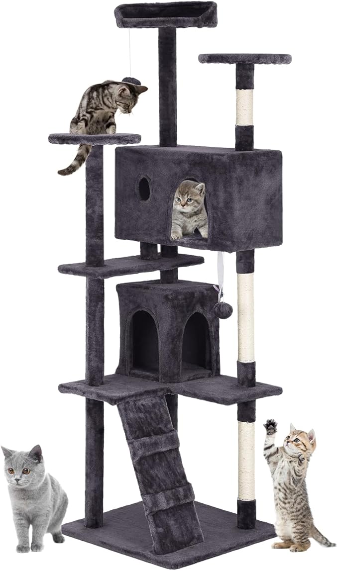 PayLessHere 70in Multi-Level Cat Tower with Scratching Post, Cat Condo Stand House, Indoor Kitty Activity Center with Furry Ball Toys, Ashy
