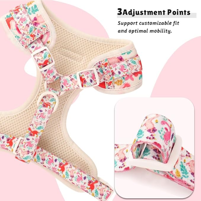 Dinosaur Printed Dog Harness with D-Ring Leash Clip Set,Adjustable Soft Padded and Cotton Fabric Pet Vest Harnesses for Small Size Dogs (White, Small)