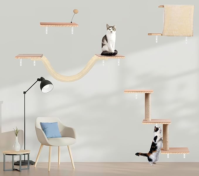 Cat Shelves for Wall，Solid Wood Cat Wall Furniture with Scratching Post,Hammock,Jumping Boards,Steps,Condo and Felt Pads, Suit for Cats Climb, Jump, Nap, Scratch-Beige