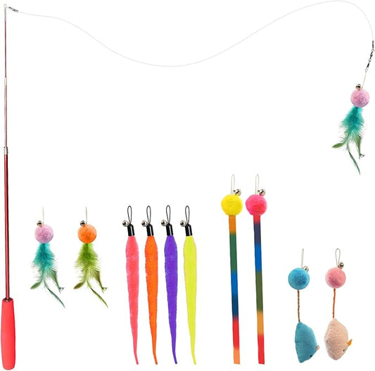 Cat Toys for Indoor Cats, 11 Packs Interactive Cat Wand Toy Set with Feather Toys&Ribbon Refills,Retractable Cat Wand with Bell Refills for Kittens Play and Exercise