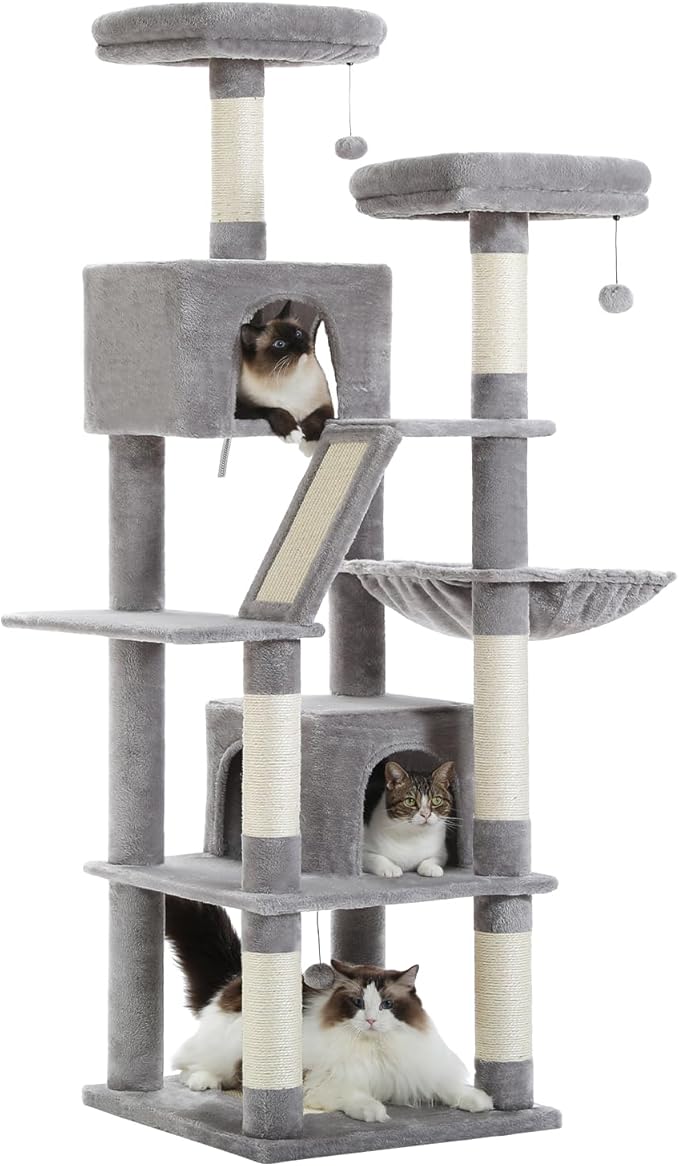 Tall Cat Tree 70.9", Large Cat Tree for Indoor Cats, Multi-Level Plush Cat Condo with 6 Scratching Posts, 2 Scratching Boards, 2 Perches, 2 Caves, Hammock, 2 Pompoms, Gray