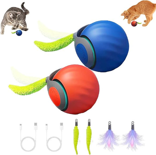 Interactive Cat Toys for Indoor Cats, 2Packs and 4 Tails Automatic Moving Cat Toys Ball,Cat Toy,Two Speed Tails Adjustment (Orange + Blue)