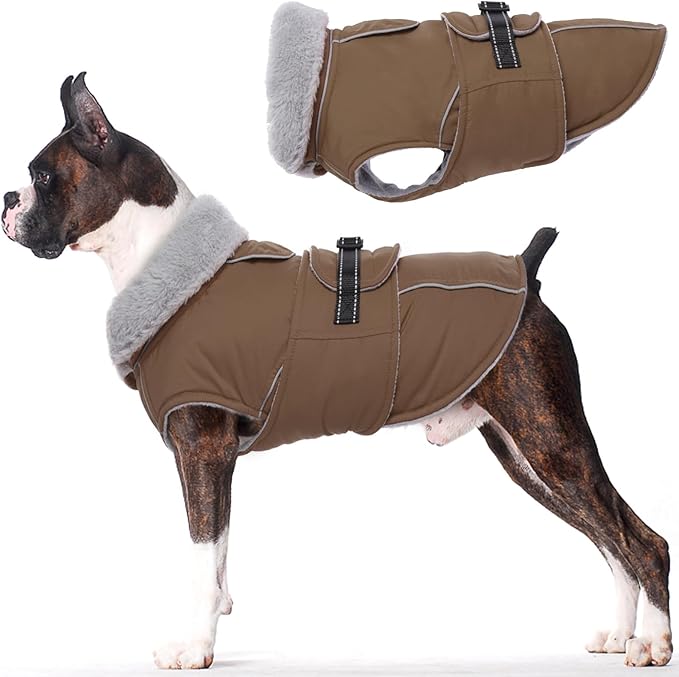 Lelepet Warm Dog Coats for Small Dogs Waterproof Dog Jacket Reflective Pet Fleece Vest Windproof Cold Weather Coats with Adjustable Buckle & Leash Hole, Turtleneck Doggy Snowsuit, Brown, S
