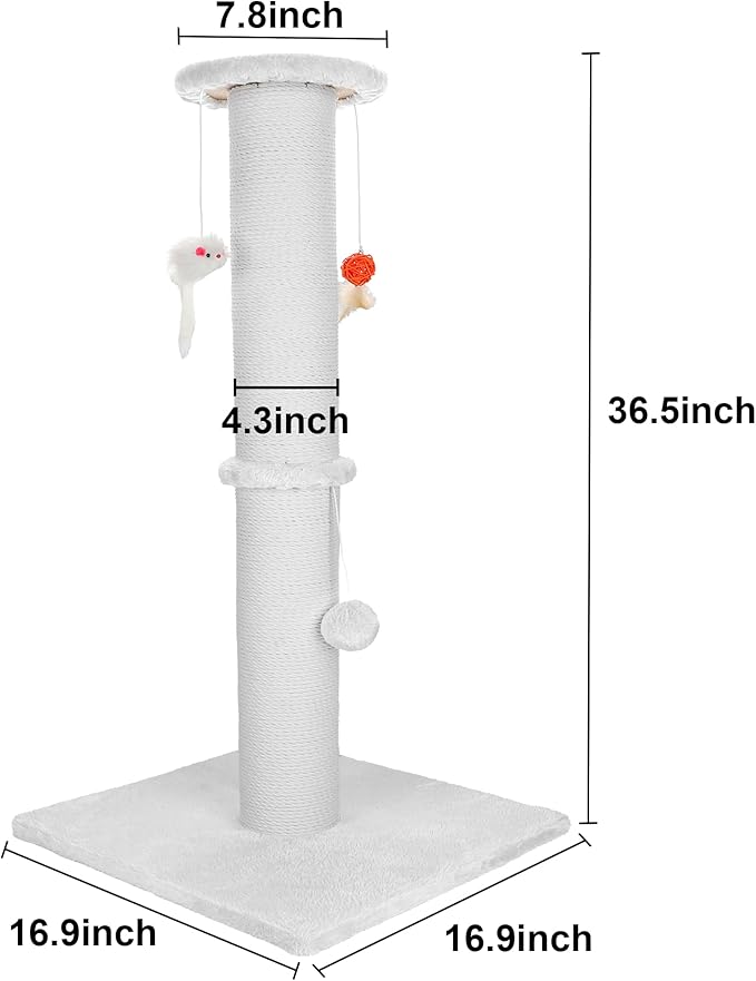 36.5 Inch Cat Scratching Post Heavy Duty Cat Scratch Post Handcrafted Rope with Hanging Toys for Ultimate Cat Fun(White)
