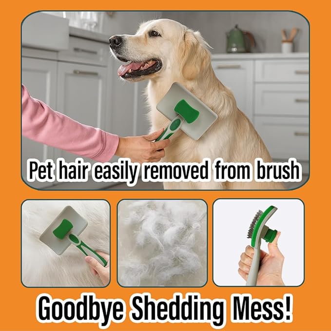 2 Pcs Self Cleaning Slicker Brush & Bath Brush For Dogs and Cats - Skin Friendly Deshedding Dog Brush Suitable For Shedding & Haired Pets, Green