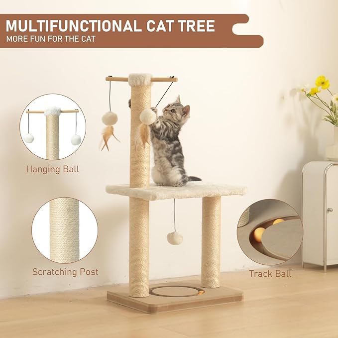 PEEKAB Cat Scratching Post 31in Tall Sisal Scratch Posts with Perch Tracking Interatcive Toys Vertical Scratcher for Indoor Cats and Kittens,Three Hanging Ball Self Massage Brush Beige