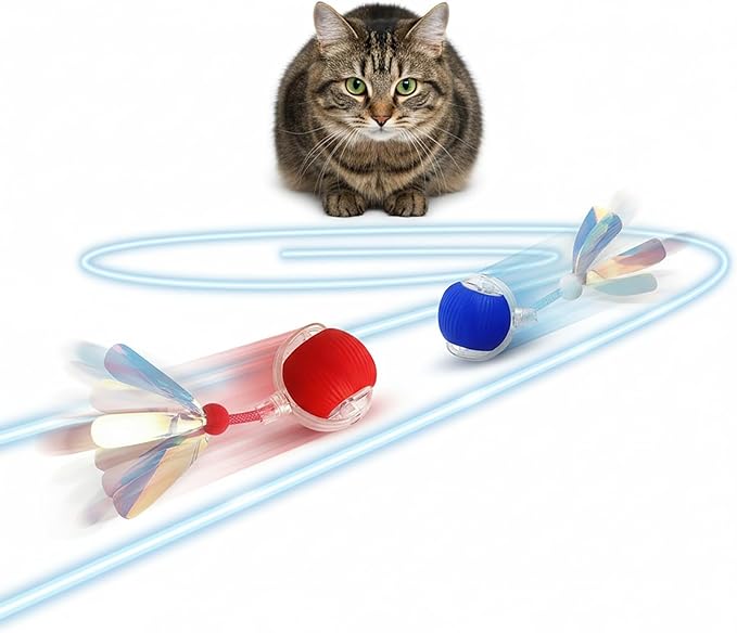 Interactive Cat Toys Ball for Cats - Upgrade Automatic Cat Toys for Indoor Cats, 3 Modes 2 Speed Moving Cat Ball with Dragonfly Feathers 2PCS (Red Blue)