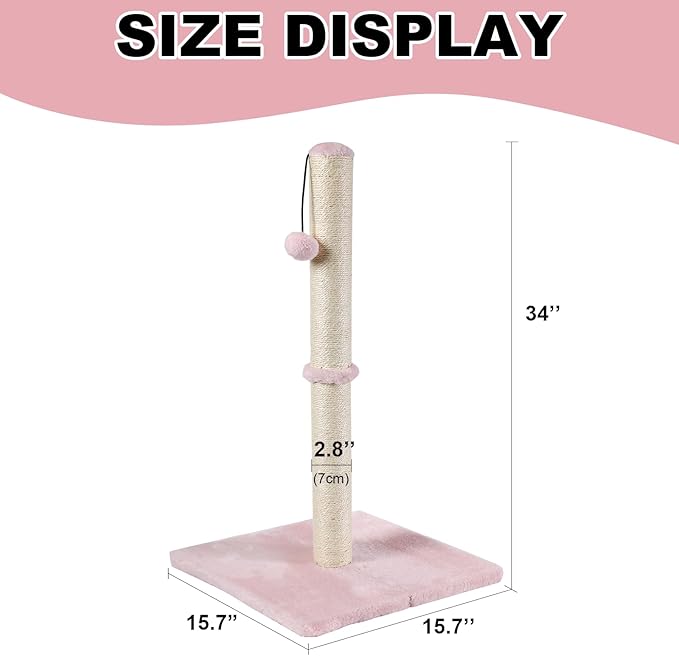 Dimaka Tall Cat Scratching Post, Claw Scratcher with Sisal Rope and Covered with Soft Smooth Plush, Vertical Scratch [Full Strectch] for Standard Size Cats (Pink, 34 inches for Large Cats)