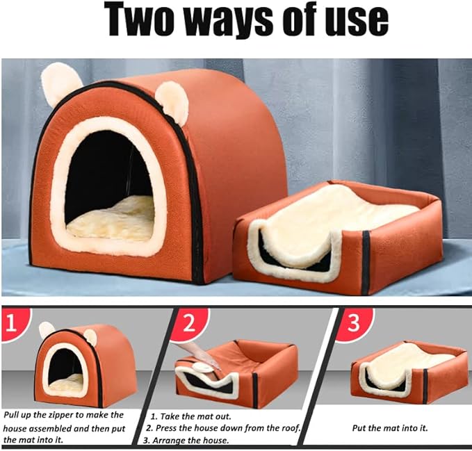 Cat Bed or Dog Bed,2 Ways to Use,Indoor Pet House with Fluffy Mat,Removable and Washable Cover,Splash-Proof House and Non-Slip Bottom,for Cats and Small Dogs(S Vertical Stripes)