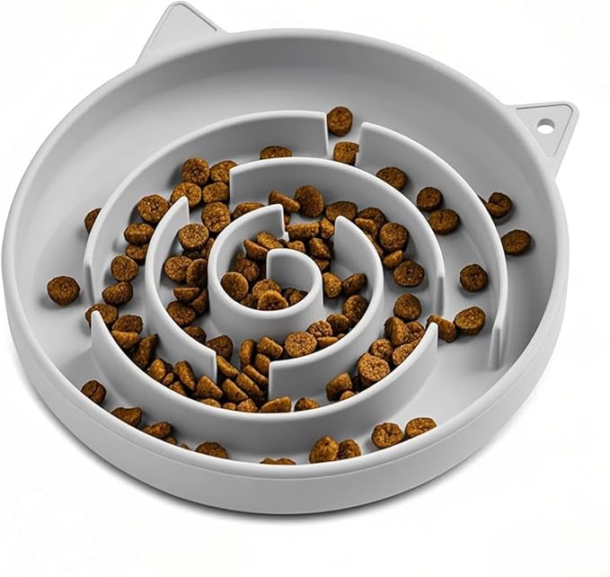 Slow Feeder Cat Bowl, Durable Anti-Gulping Cat Food Bowl for Healthy Digestion, Maze Design Easy to Clean for Wet/Dry Food(Grey)