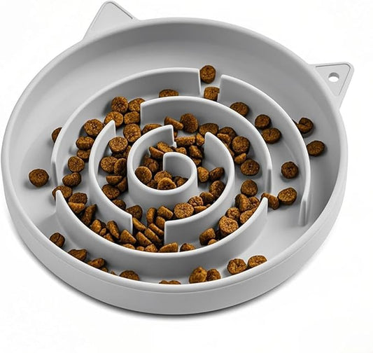 Slow Feeder Cat Bowl, Durable Anti-Gulping Cat Food Bowl for Healthy Digestion, Maze Design Easy to Clean for Wet/Dry Food(Grey)