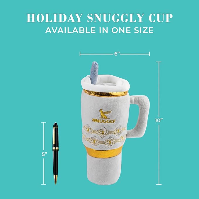 Haute Diggity Dog Holiday Snuggly Cup Plush Dog Toy for Small, Medium & Large Dogs, Interactive Funny Christmas Squeaky Toys, Soft, Durable, Machine-Washable, Safe & Cute Birthday Gift for Dogs, Ivory
