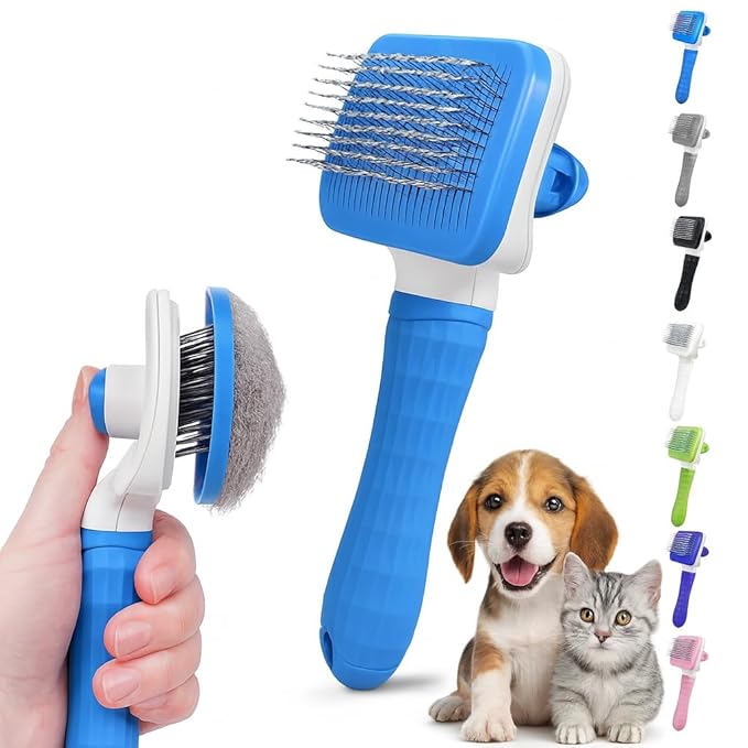 Generic Pet Grooming Brush, Blue - Self Cleaning Hair Brush for Dogs and Cats, Removes Loose Undercoat, Bristles with Massage Particles, Ergonomic Handle, For Long or Short Hair Breeds