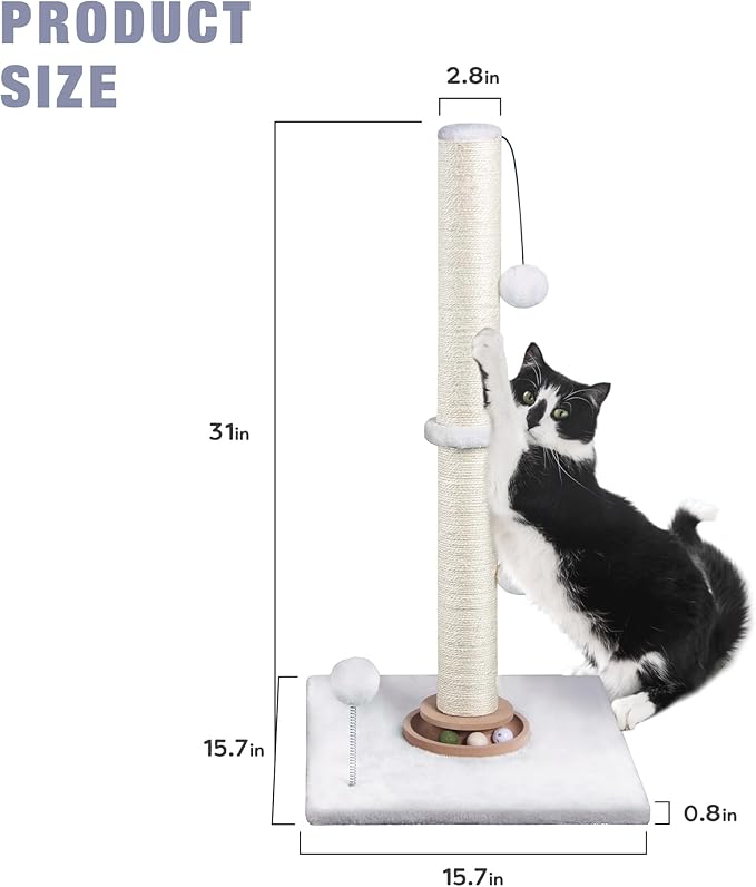 Fantasreen 31" Cat Scratching Post Kitten Toys for Indoor Cats, Interactive Cat Scratcher with Catnip Balls, Sisal Scratch Rope for Large Cats, White