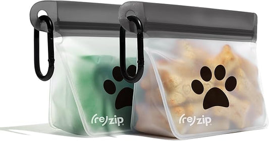 (re) zip Pet On-The-Go Bags 2-pack | Lightweight, Compact, Carabiner Clip | Airtight Closure | Water-Resistant | Food-Safe PEVA | Holds Treats, Poop Bags, Toys | Travel-Friendly