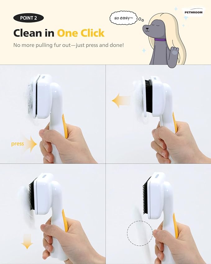 PETHROOM] Pet Healing Slicker Brush with One-Touch Clean Button | Gentle Grooming Brush for Dogs & Cats | Removes Shedding, Mats & Tangles with Coated Tips, White & Yellow