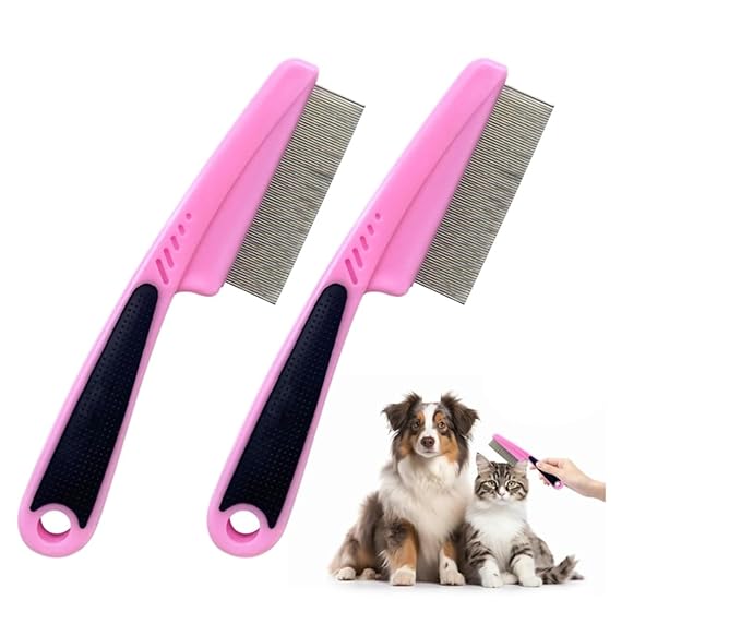 2-Pack Upgrade Fine Tooth Flea Comb for Dogs & Cats, Stainless Steel Pet Hair Removal and Massage Brush - Multifunctional Cleaning Comb for Pets(Pink)