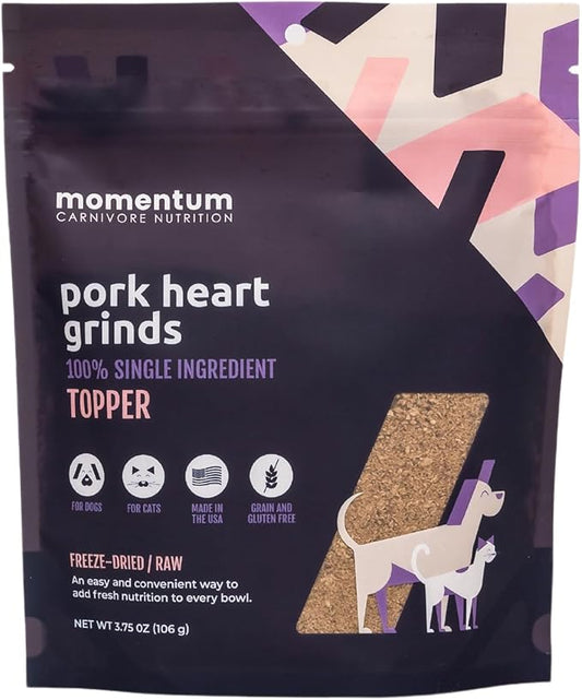 Momentum Carnivore Nutrition Freeze-Dried Pork Heart Pet Food Topper – Single-Ingredient, All-Natural Topper – High-Protein for Dogs and Cats, Grain-Free and Made in The USA– (3.75 oz Bag)