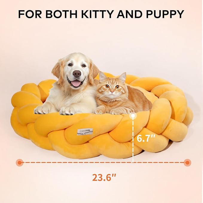 CHEERPALS Weave Cat Bed for Indoor Cats,Cute Pet Bed with Washable Cushion Fluffy Kitty Bed for Small Dog(Eggshell Yellow)