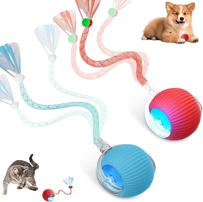 Interactive Cat Toys for Indoor Cats, Automatic Kitten Toys for Bored Indoor Adult Cats, Smart Kitten Rolling Ball Moving Balls Toy, Rechargeable Dog Cat Ball for Enrichment Exercise (Red+Blue)